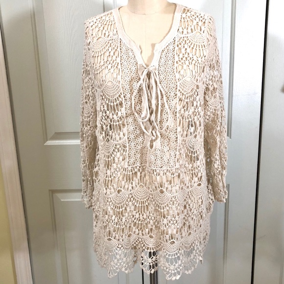 I. JOAH Tops - I.JOAH Crochet Sweater Cottage Core Beige Size L